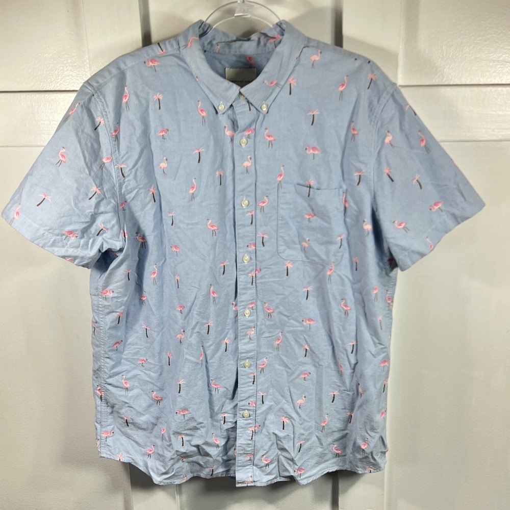 American Eagle Mens XL Blue Flamingo Palm Tree Cotton Short Sleeve Button Down